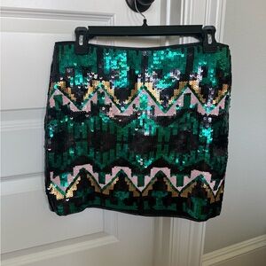 H&M Sequin Geometric Patterned Mini Skirt in Green, Black, Pink and Gold